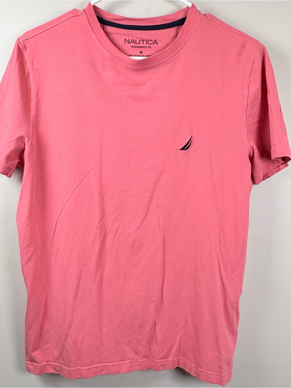 Nautica Men’s Coral Pink Crewneck Tee with Embroidered Sail Logo